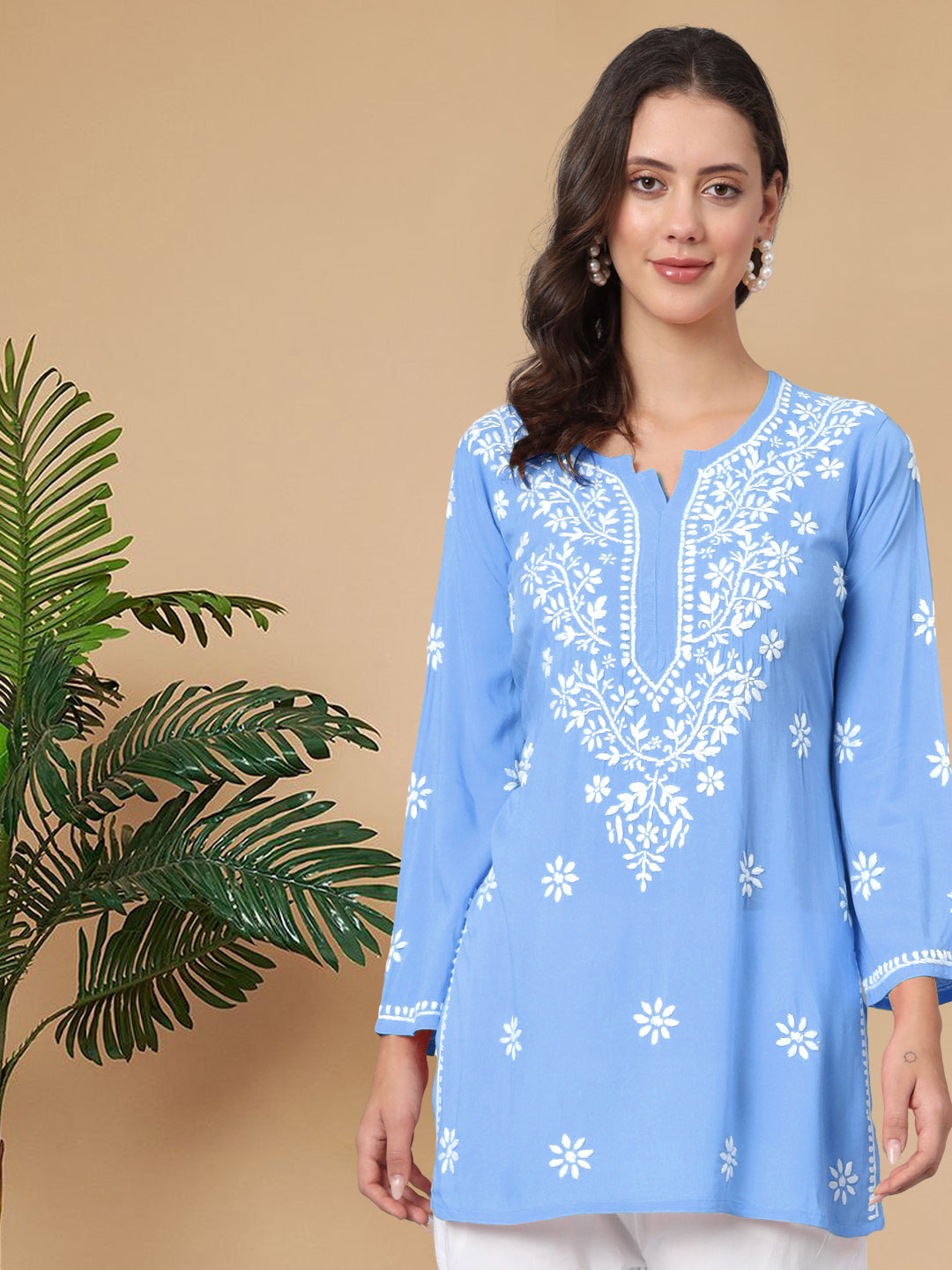 Women Hand Embroidered Modal Chikankari Kurti-AL3611 Powder Blue