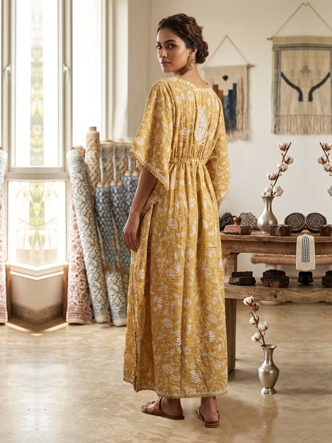 Hand Embroidered Chikankari Cotton Kaftan-AL3833 New Beige