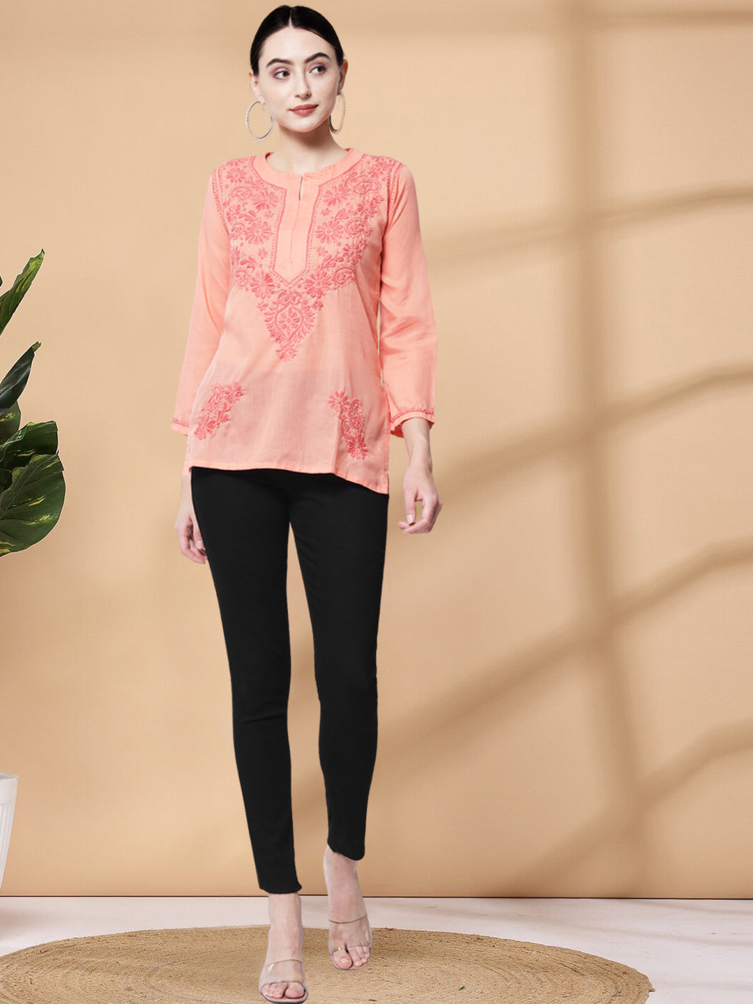 Hand Embroidered Chikankari Cotton Straight Kurti-AL3405 Peach