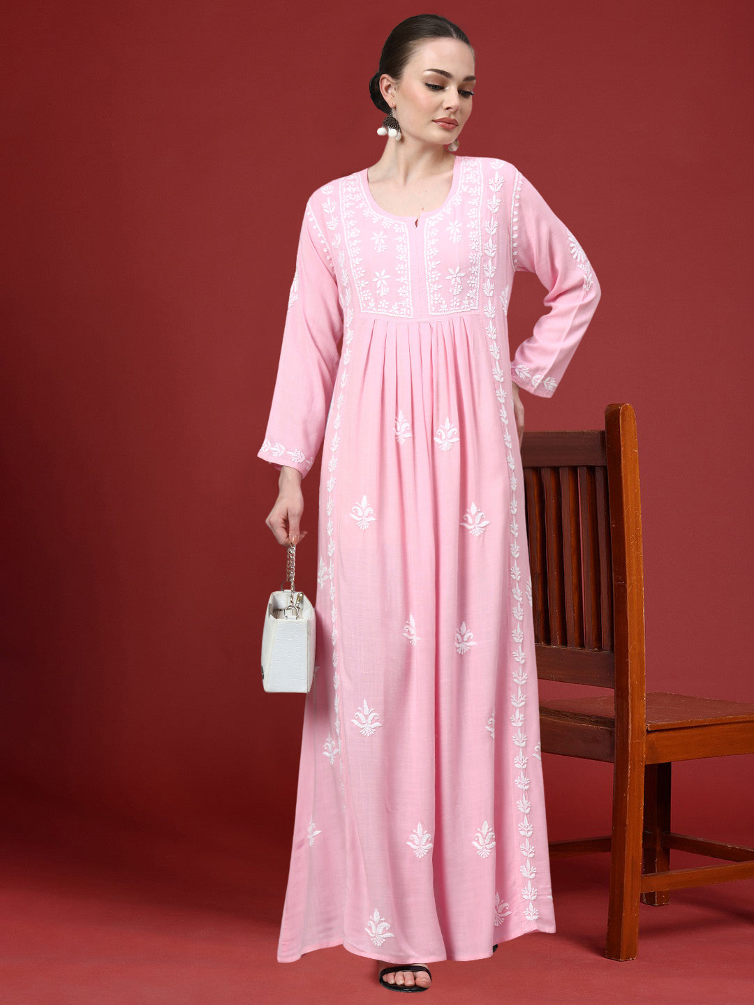 Hand Embroidered Chikankari Rayon Jalabiya-AL4121 Babypink