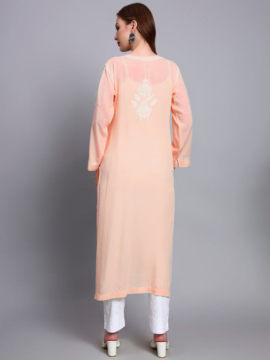 Hand Embroidered Chikankari Modal Straight Kurta-AL3683 Peach