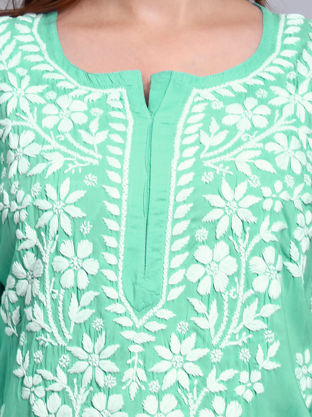 Women Hand Embroidered Chikankari Modal Kurti -AL3702 Lightgreen