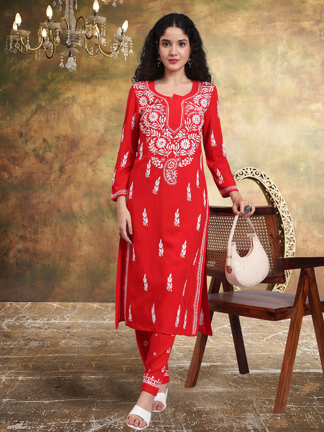 Women Hand Embroidered Chikankari Rayon Kurta set-AL3451KS Redandwhite