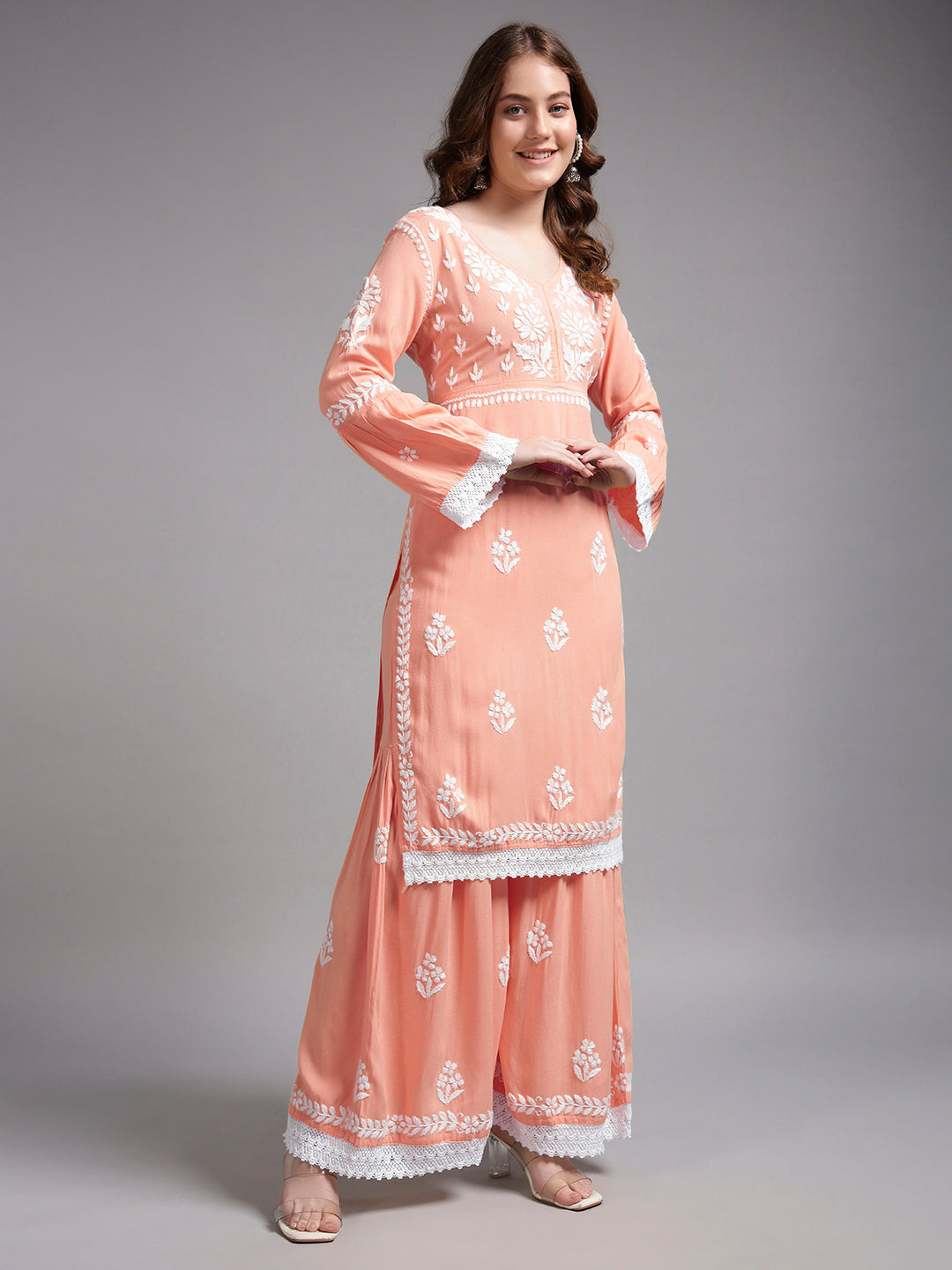 Women Hand Embroidered Lucknowi Chikankari Rayon Kurta Set-AL4077KS Peach