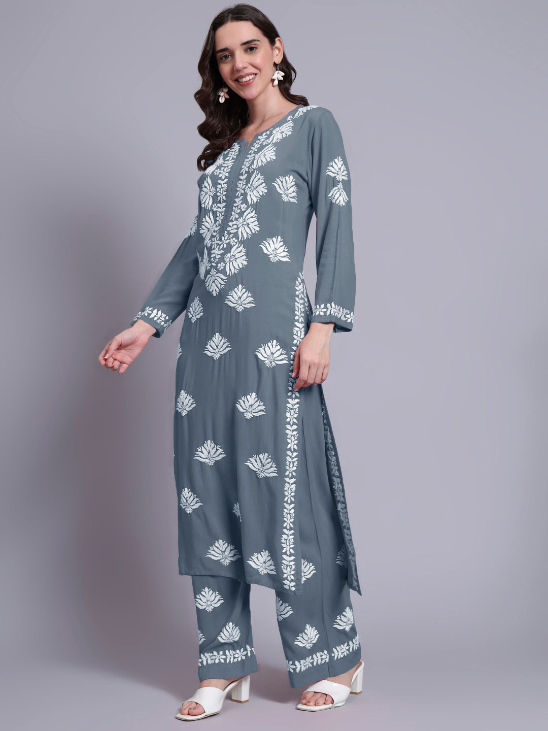 Women Hand Embroidered Chikankari Rayon Kurta Set-AL4084KS Grey