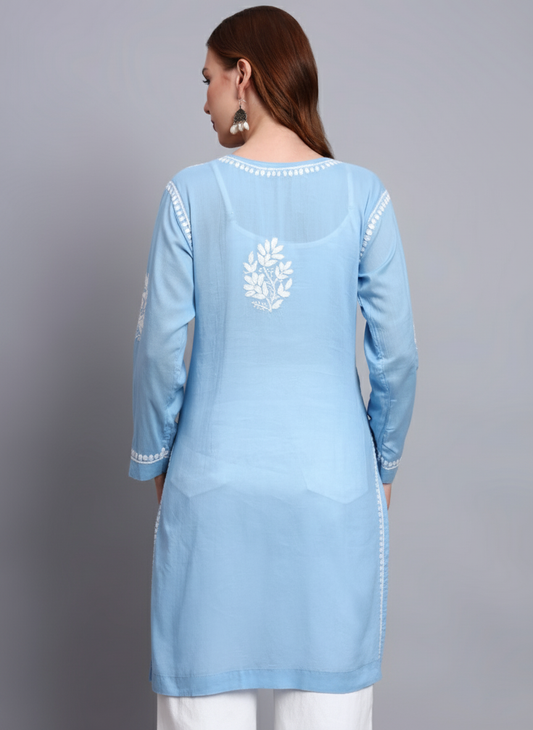 Women Hand Embroidered Chikankari Cotton Kurti -AL3685 Blue