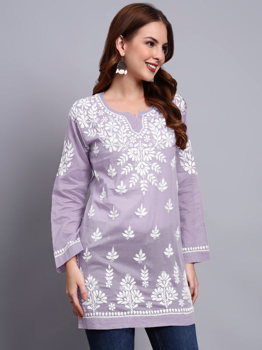 Women Hand Embroidered Chikankari Mulmul Short Top -AL3724 Mauve