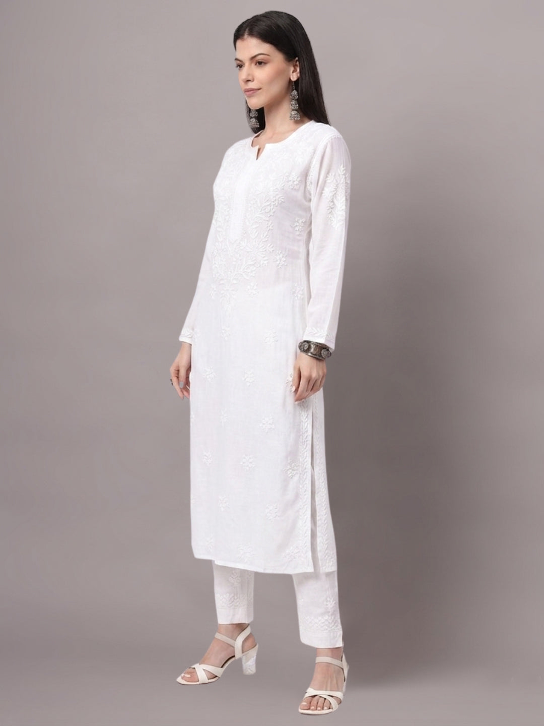 Women Hand Embroidered Modal Chikankari Kurta-AL4059 White