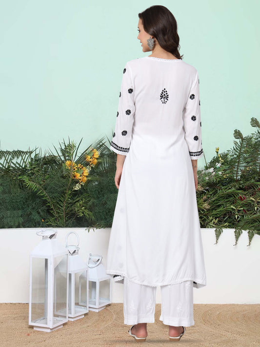 Women Hand Embroidered Chikankari Rayon Kurta-AL3890 Whiteandblack