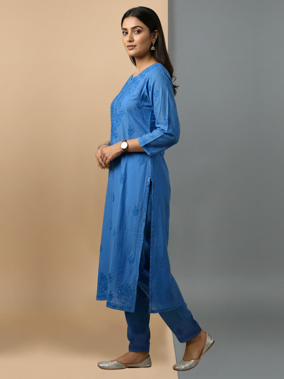 Women Hand Embroidered Chikankari Chanderi Kurta Set-AL4106KS Blue
