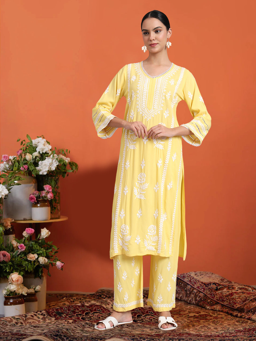 Women Hand Embroidered Lucknowi Chikankari Rayon Kurta Set-AL4078KS Yellow