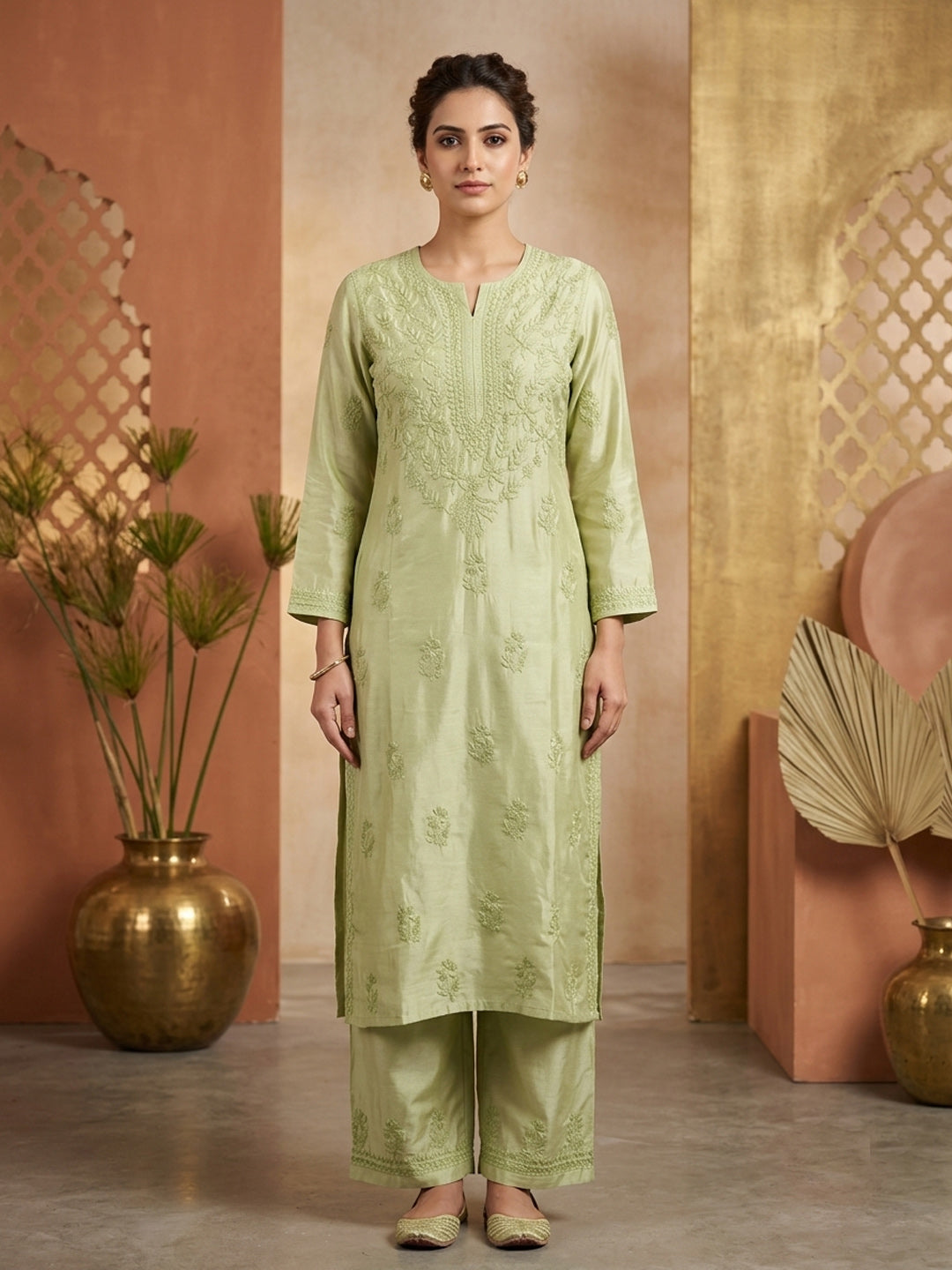 Women Hand Embroidered Chikankari Muslin Kurta Set-AL4118KS Olive