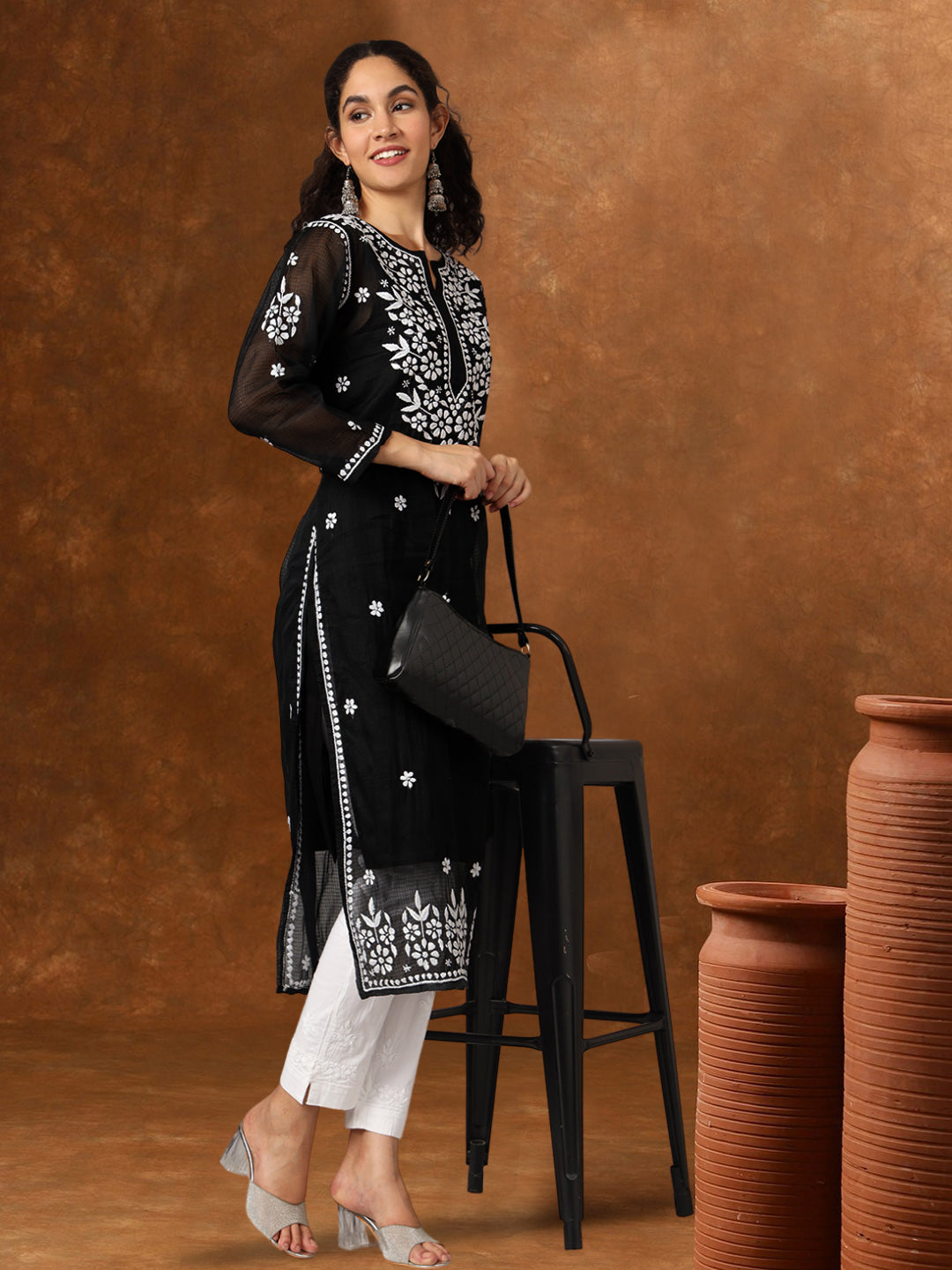 Hand Embroidered Chikankari Kota Straight Kurta With Slip-AL3540 Black