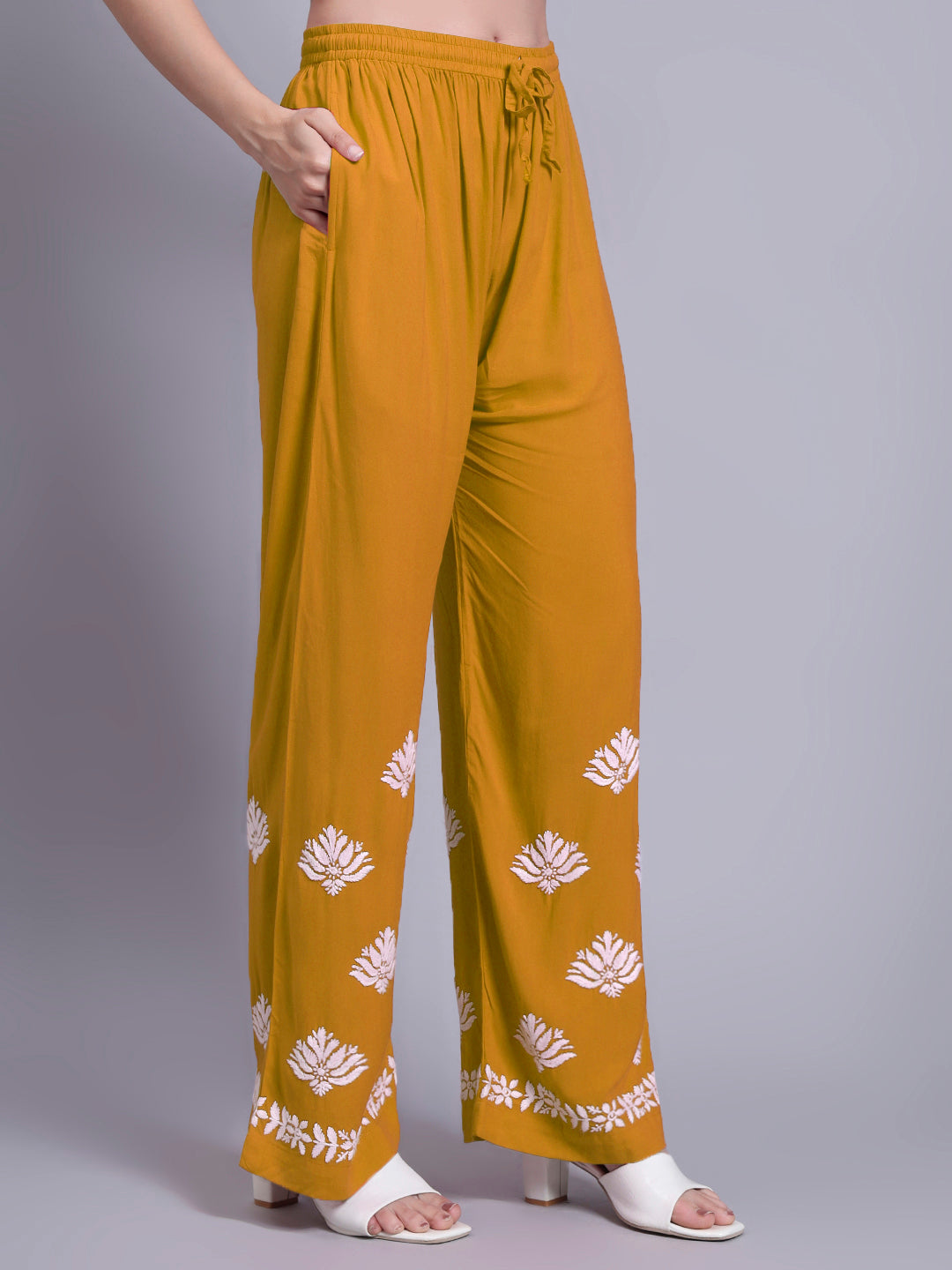 Women Hand Embroidered Chikankari Rayon Kurta Set-AL4084KS Mustard Yellow
