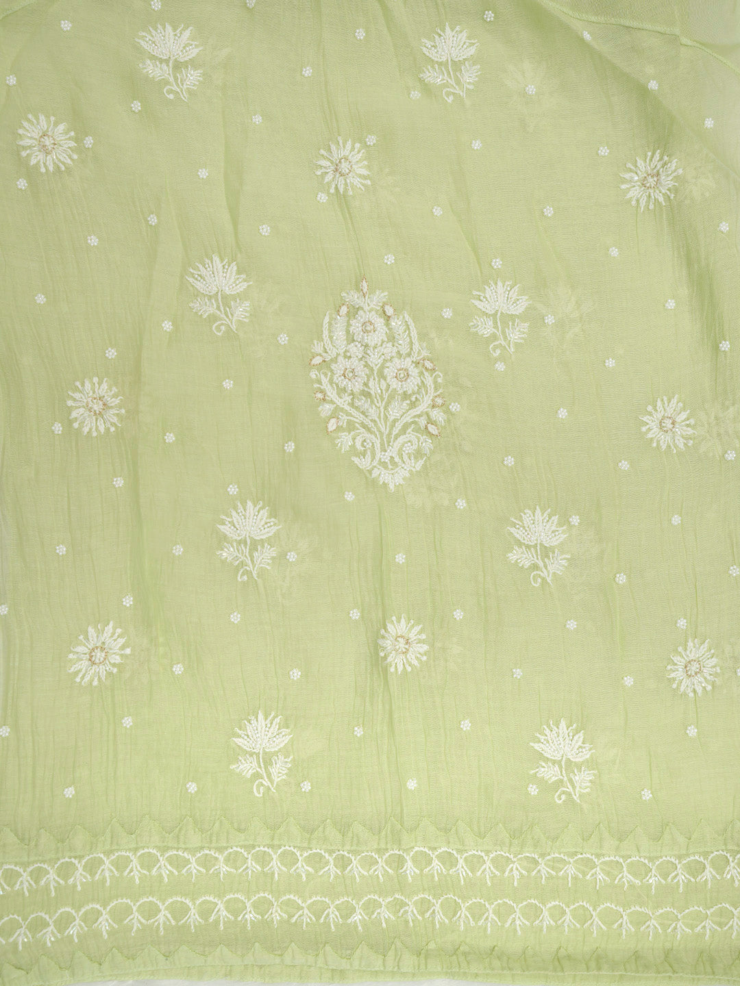 Women Hand Embroidered Premium Chikankari Mul Chanderi Unstitched Kurta Dupatta Bottom Set-ALSCA85201FS Mint