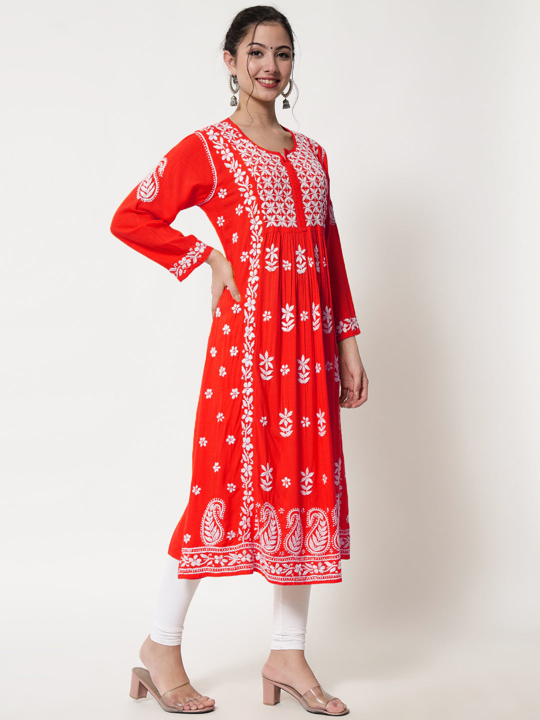 Women Hand Embroidered Chikankari Rayon Kurta-AL3549 Red