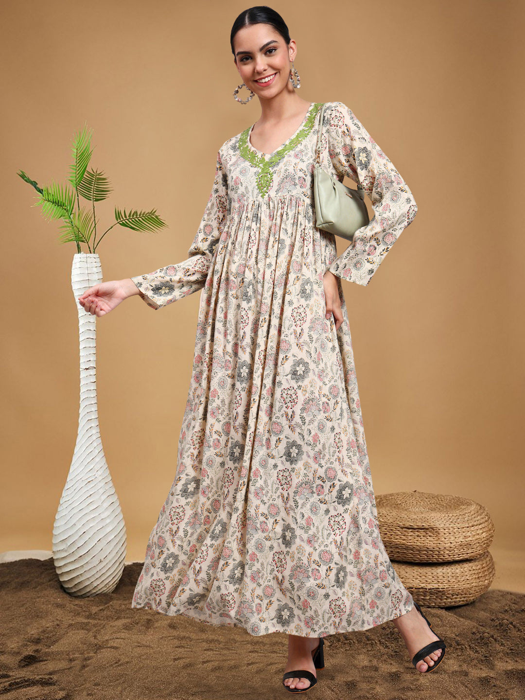 Women's Printed Rayon Jalabiya with Embroidered Neck-AL4067 Beige