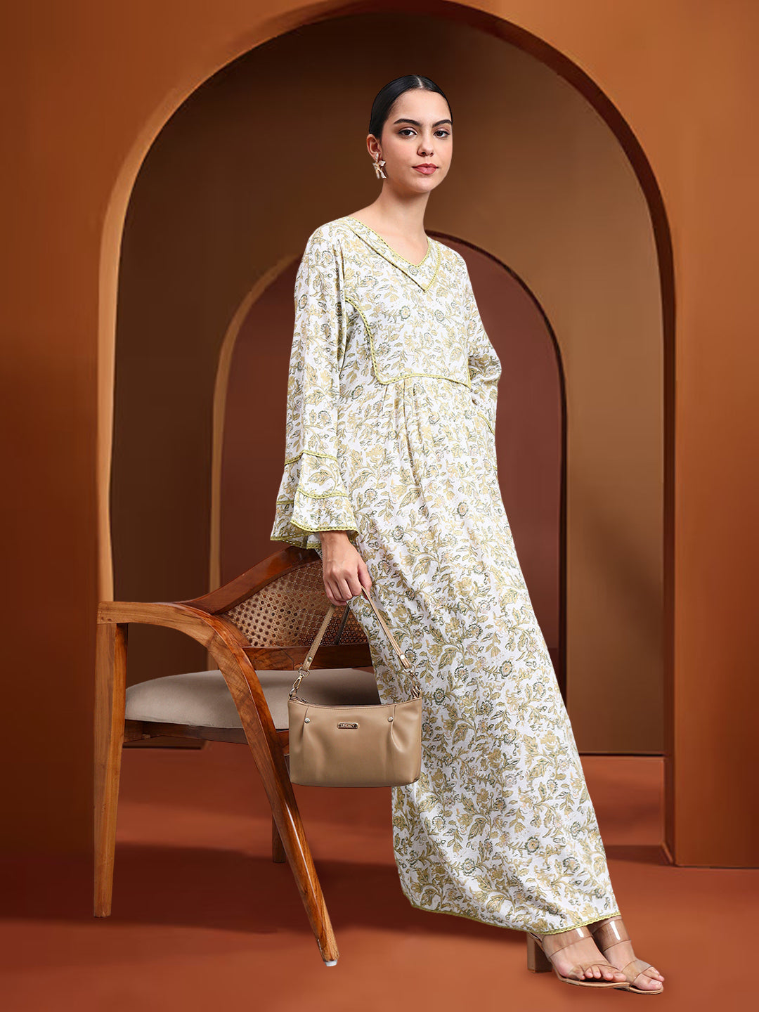 Women Floral Printed Rayon Jalabiya with Flared Sleeves & V-Neckline-AL4011 Yellow