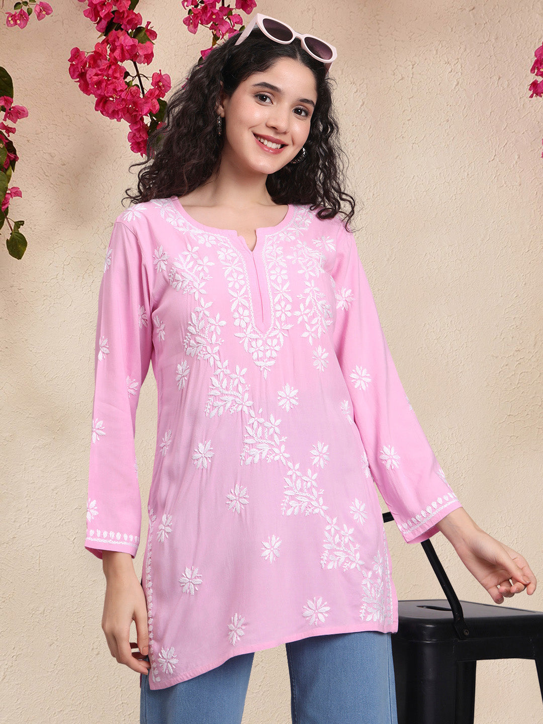 Women Hand Embroidered Chikankari Rayon Short Kurti-AL4071 Pink