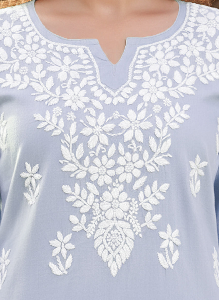 Women Hand Embroidered Chikankari Cotton Kurti -AL3685 Lavender