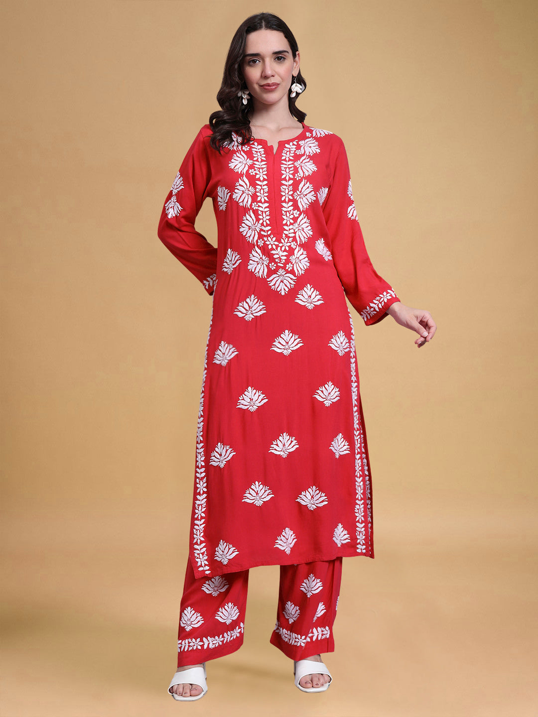 Women Hand Embroidered Chikankari Rayon Kurta Set-AL4084KS Red