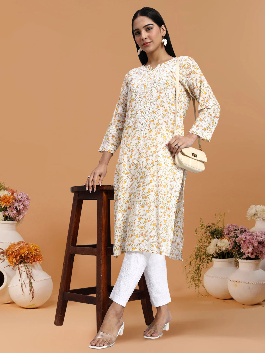 Hand Embroidered Chikankari Cotton Kurta-AL4105 Yellow