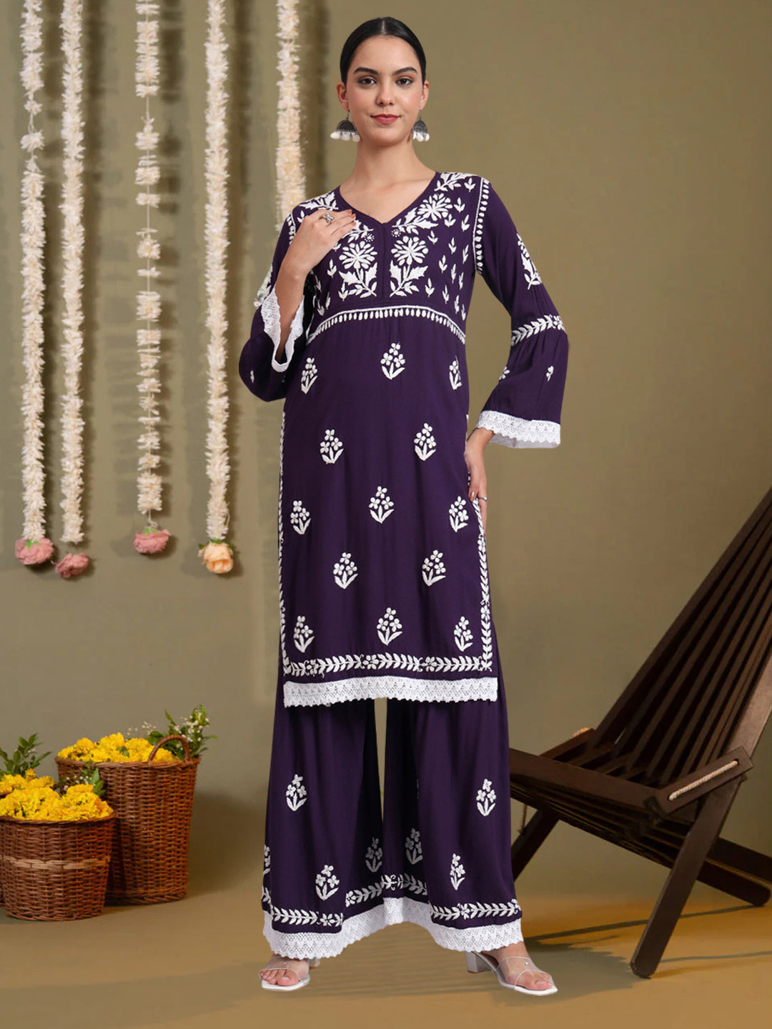 Women Hand Embroidered Lucknowi Chikankari Rayon Kurta Set-AL4077KS Purple