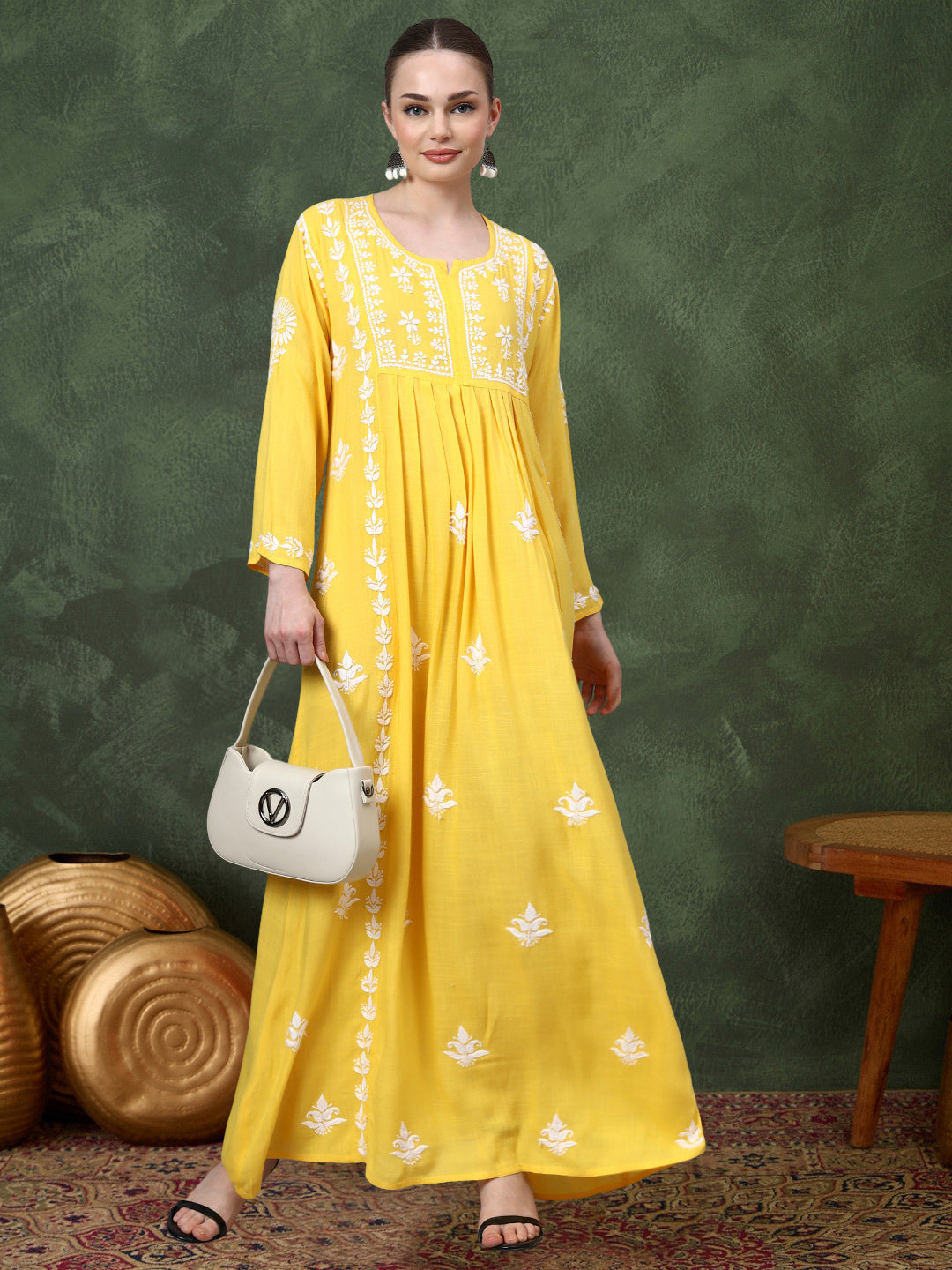 Hand Embroidered Chikankari Rayon Jalabiya-AL4121 Yellow