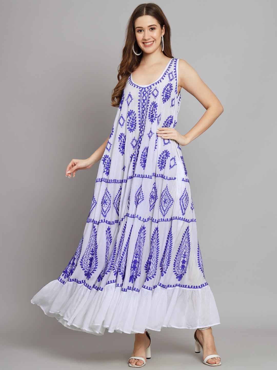 Hand Embroidered Chikankari Modal Kaftan-AL3605B White&Navy