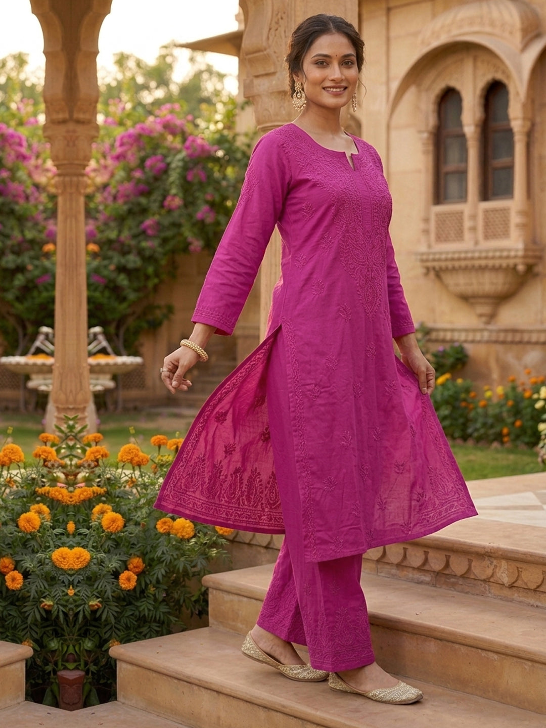 Women Hand Embroidered Chikankari Muslin Kurta Set-AL4115KS