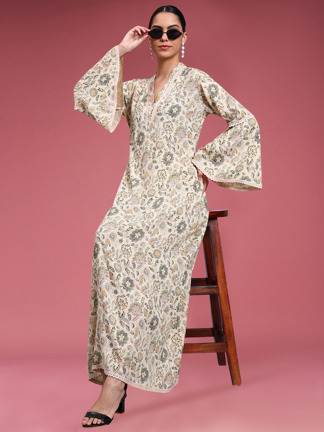 Women Beige Floral Printed Rayon Jalabiya with Bell Sleeves & V-Neckline-AL4007