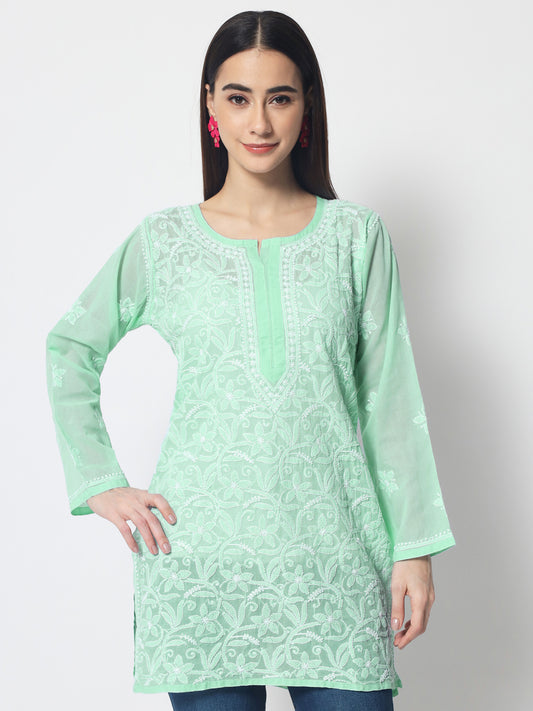 Hand Embroidered Chikankari Cotton Straight Tunic-AL3591 Green