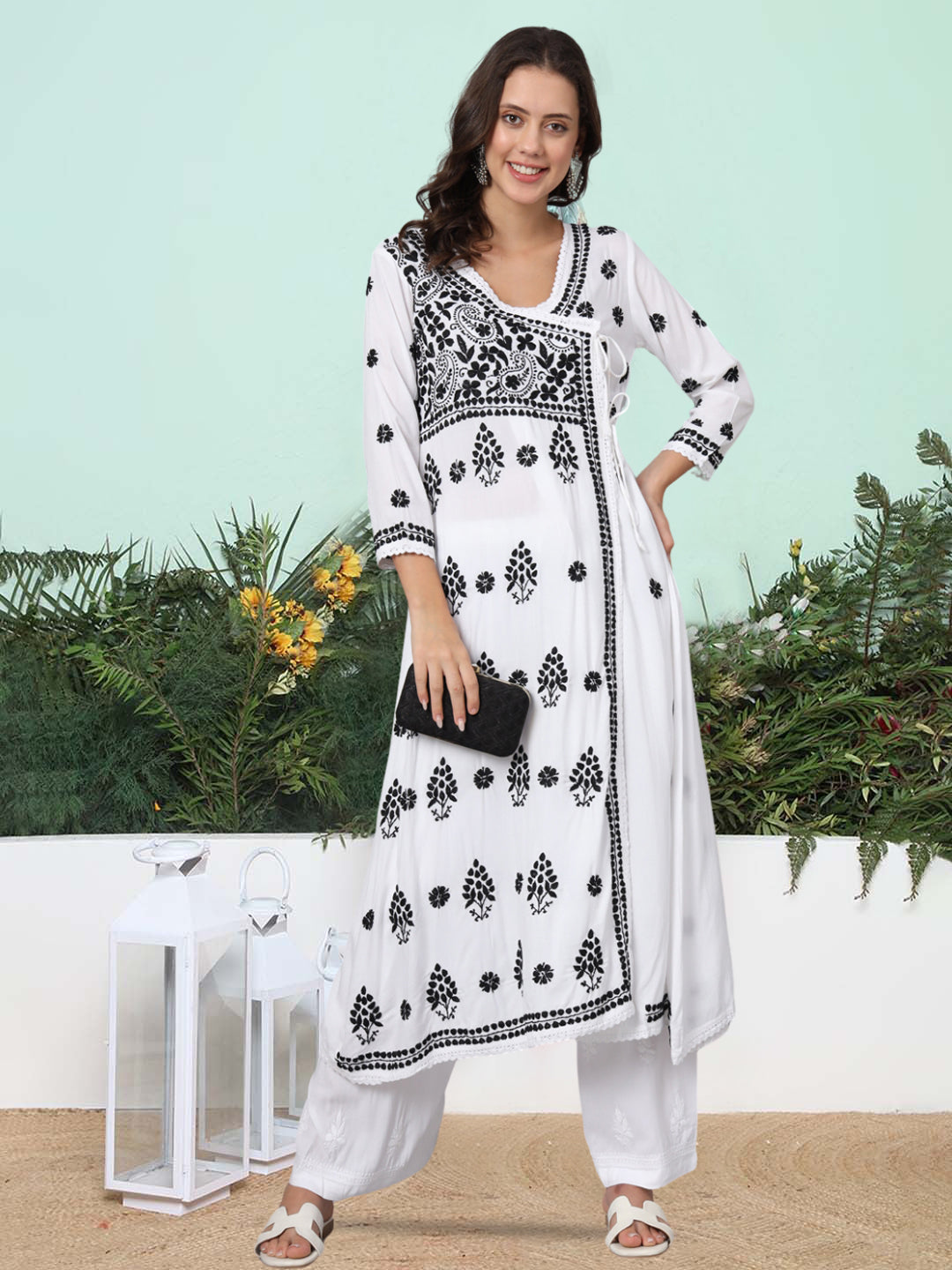 Women Hand Embroidered Chikankari Rayon Kurta-AL3890 Whiteandblack