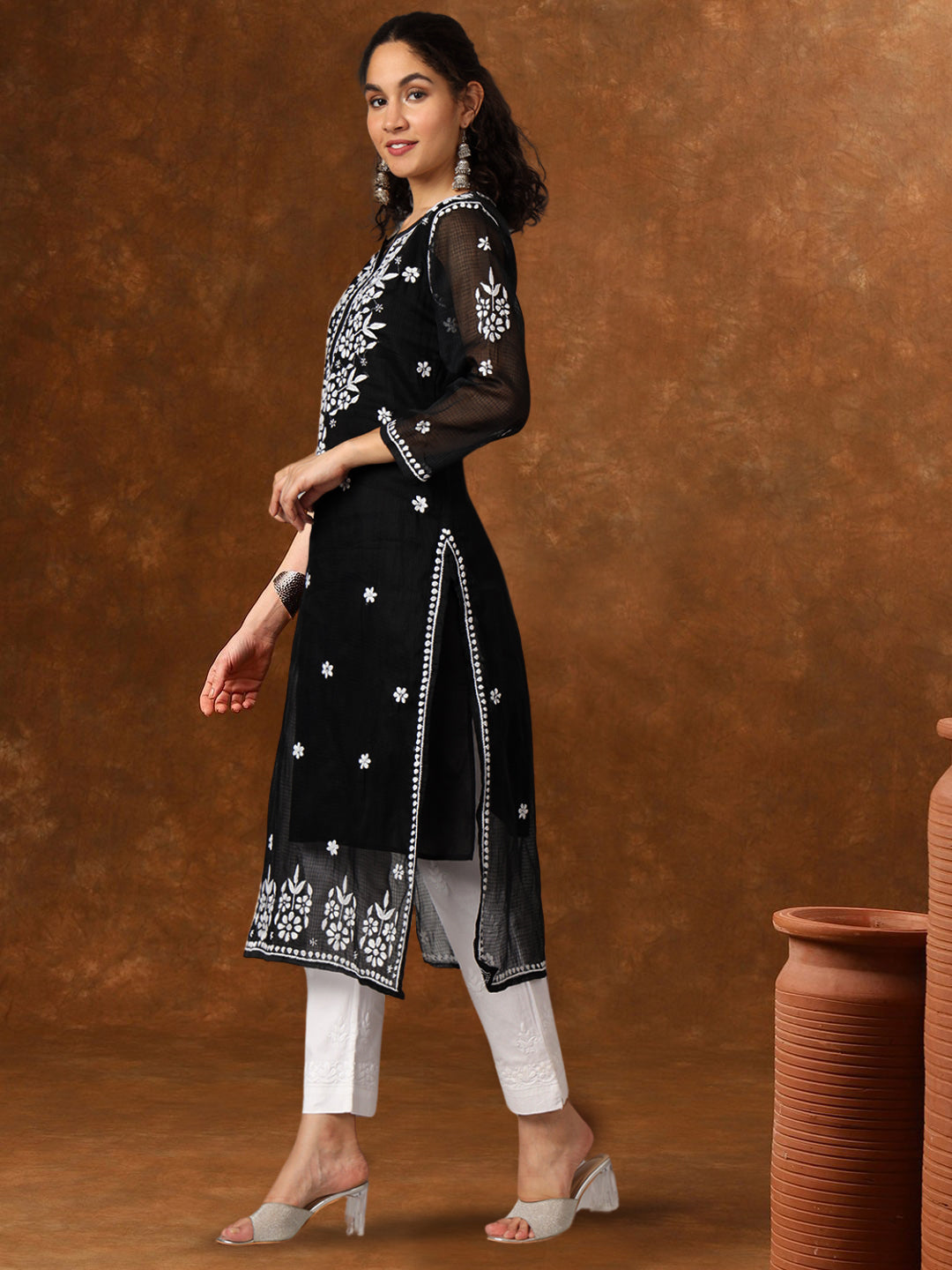 Hand Embroidered Chikankari Kota Straight Kurta With Slip-AL3540 Black