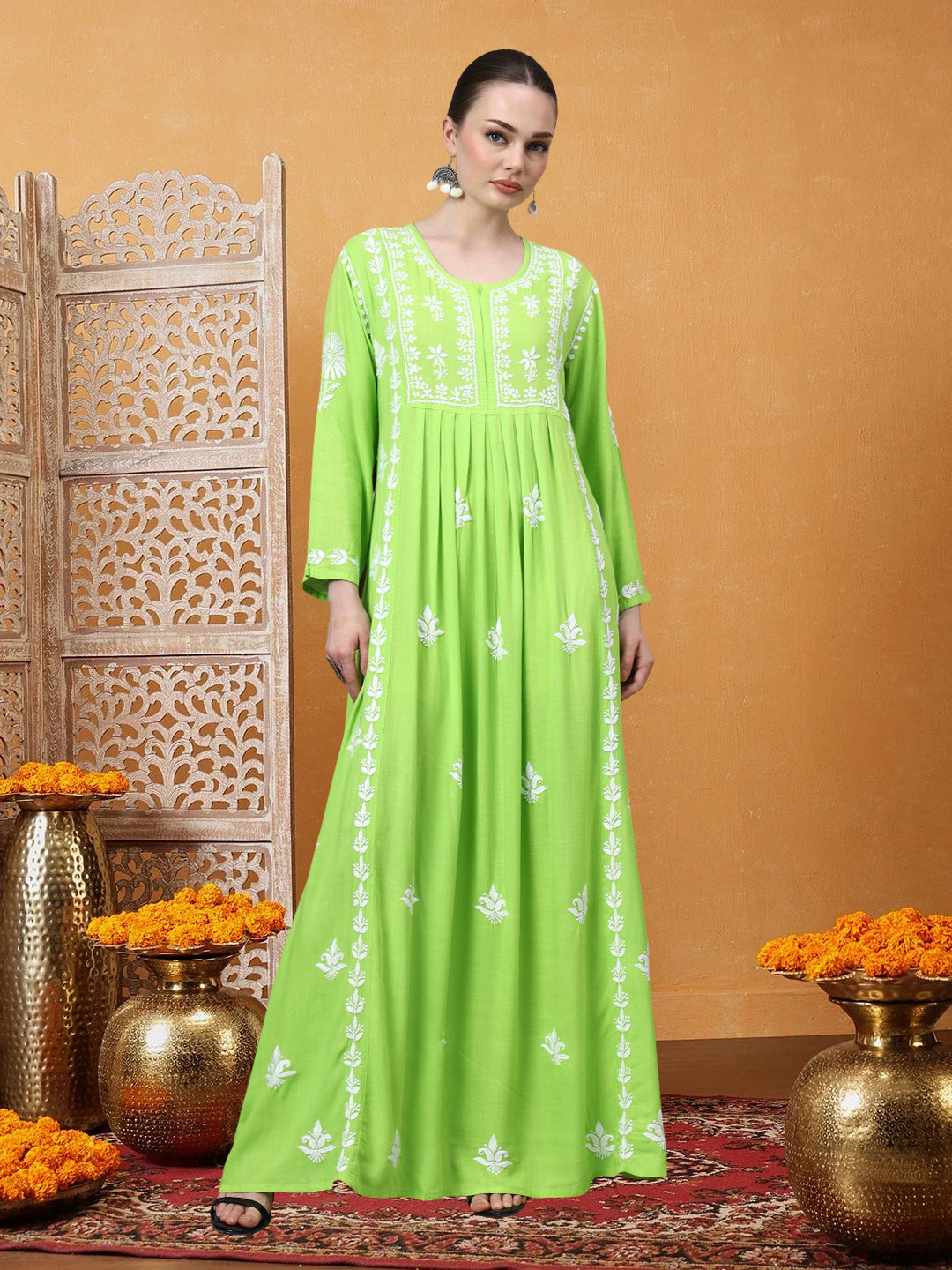 Hand Embroidered Chikankari Rayon Jalabiya-AL4121 Green