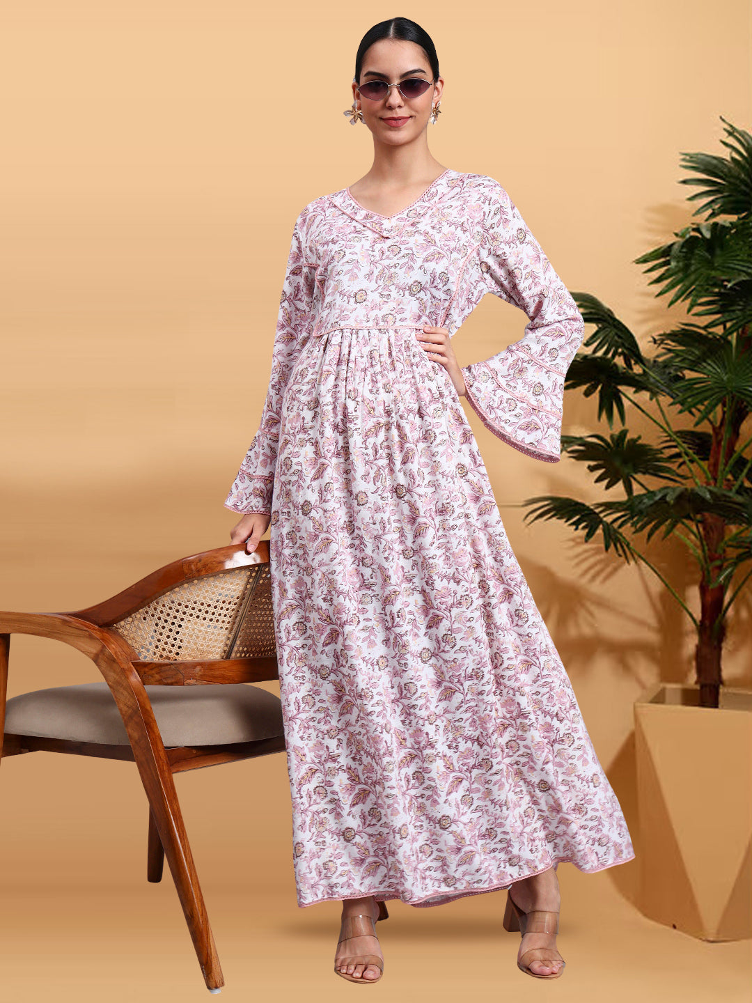 Women Floral Printed Rayon Jalabiya with Flared Sleeves & V-Neckline-AL4011 Dustypink