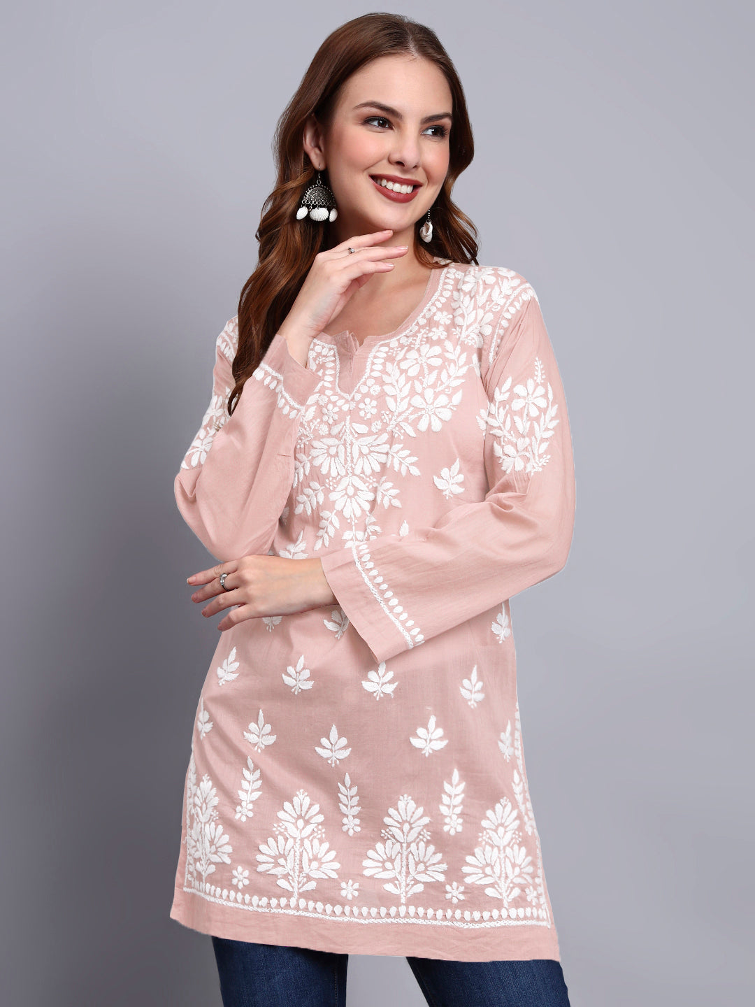 Women Hand Embroidered Chikankari Mulmul Short Top -AL3724 Peach