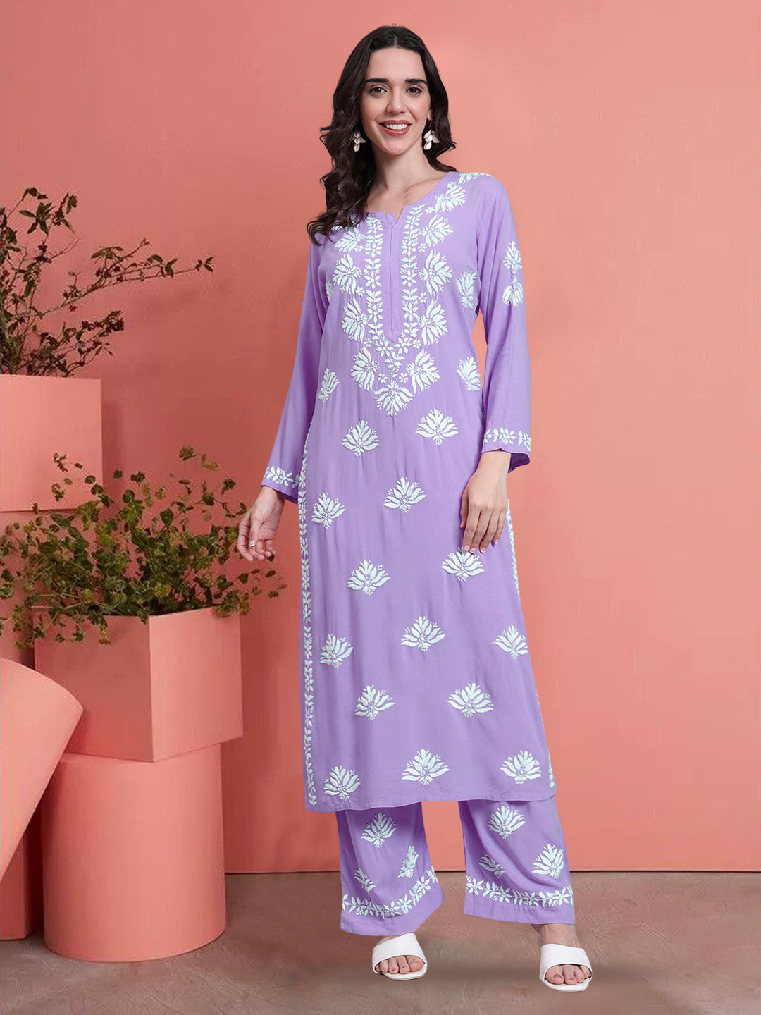 Women Hand Embroidered Chikankari Rayon Kurta Set-AL4084KS Mauve