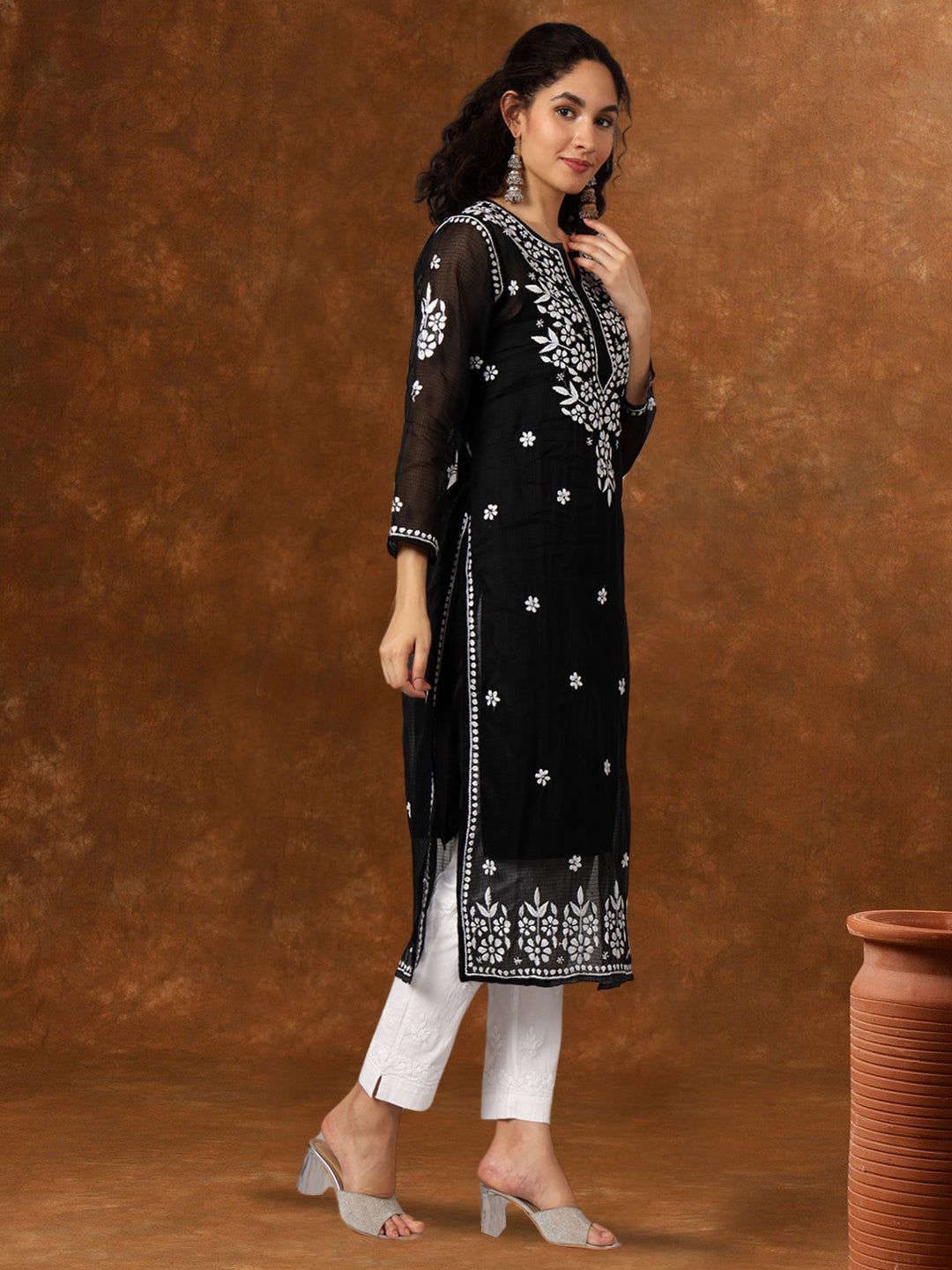 Hand Embroidered Chikankari Kota Straight Kurta With Slip-AL3540 Black