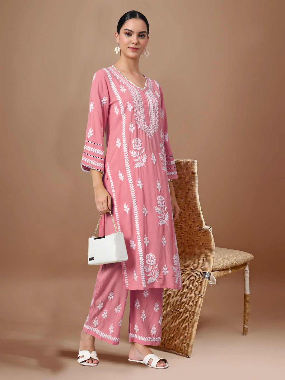 Women Hand Embroidered Lucknowi Chikankari Rayon Kurta Set-AL4078KS Rust