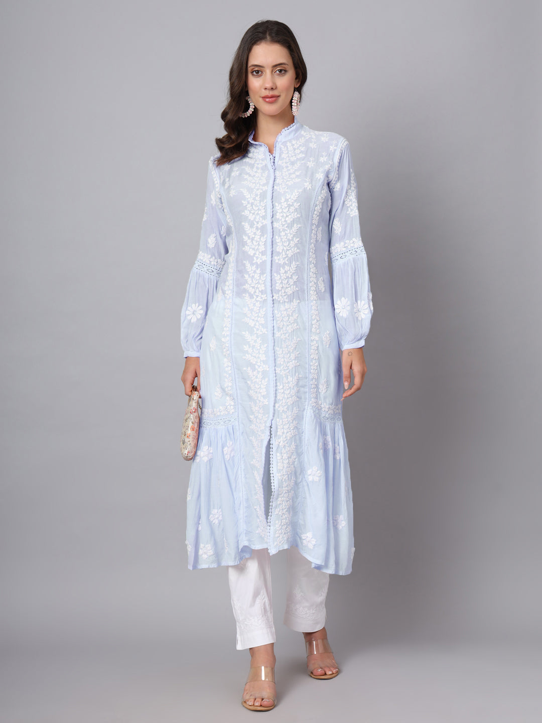 Women Hand Embroidered Chikankari Muslin Kurta-AL3888 Blue