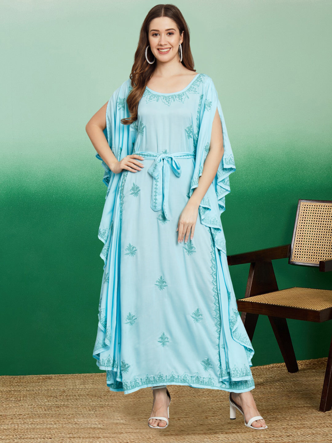 Hand Embroidered Chikankari Modal Kaftan-AL3604 Blue