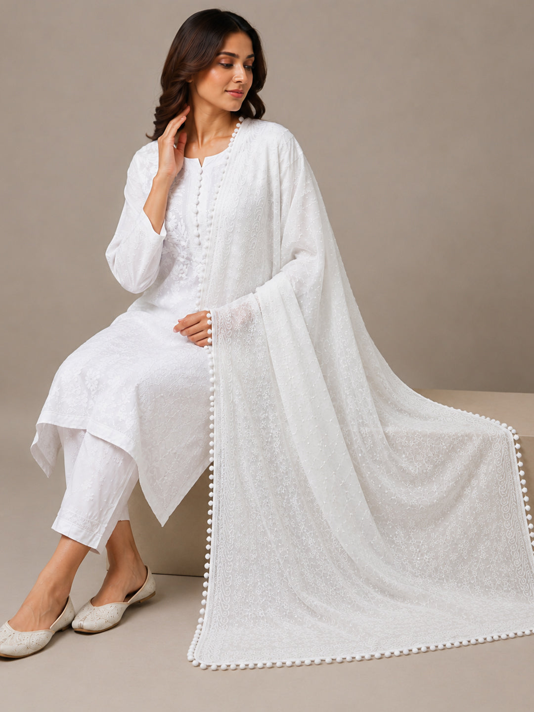 Women Embroidered Georgette Dupatta-AL3721NEW Cream