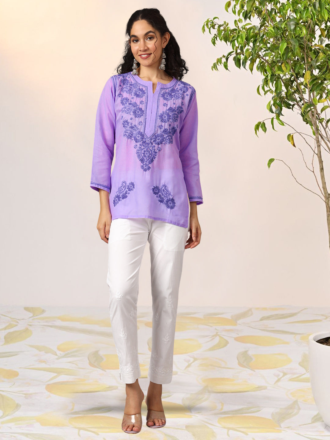 Hand Embroidered Chikankari Cotton Straight Kurti-AL3405 Mauve
