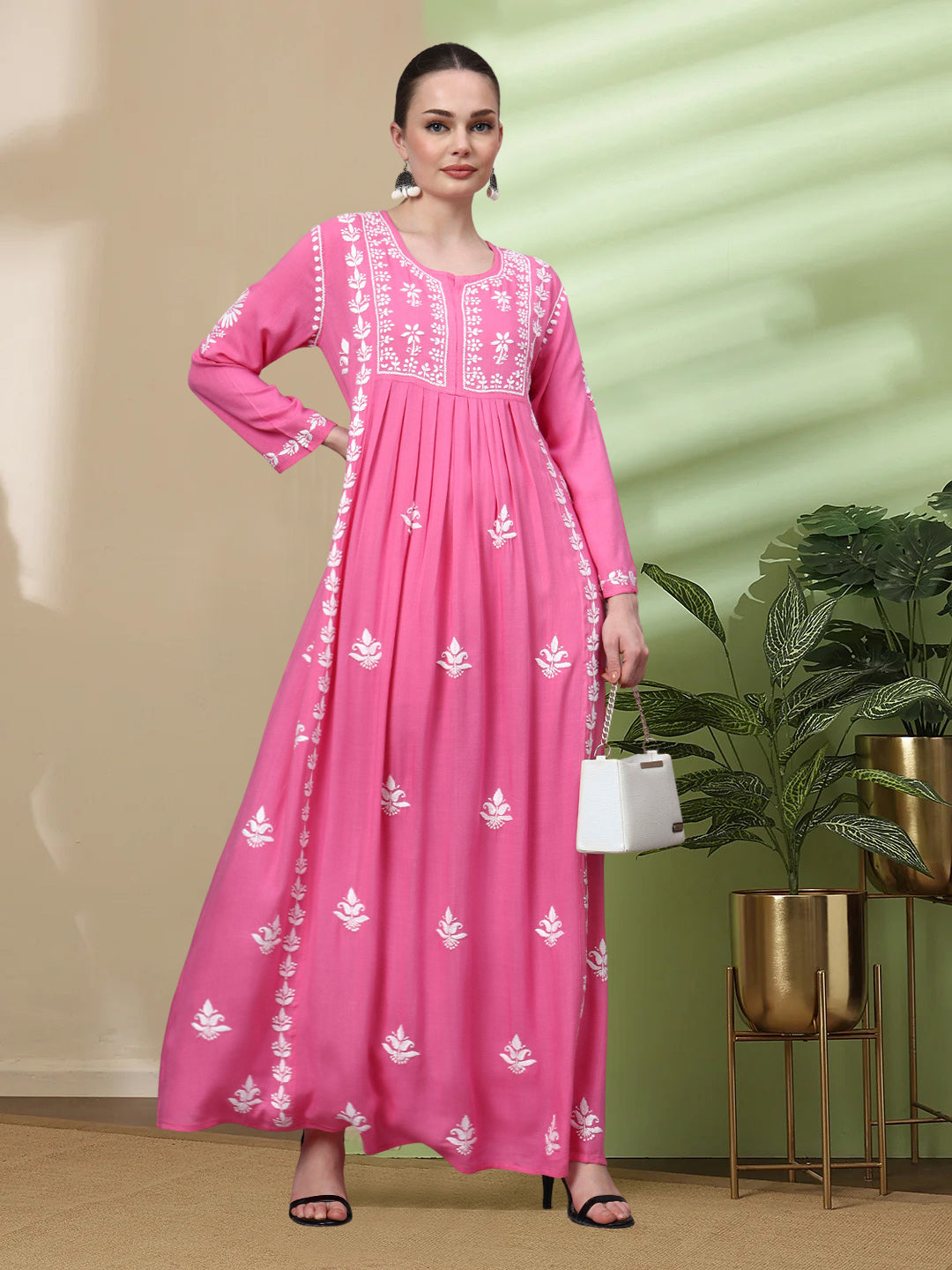 Hand Embroidered Chikankari Rayon Jalabiya-AL4121 Darkpink