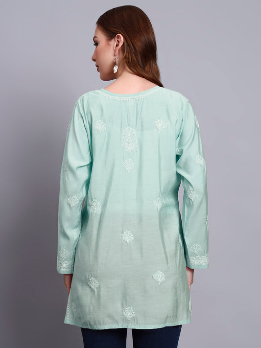 Women Hand Embroidered Chikankari Chanderi Short Kurti-AL4090 Sea Green