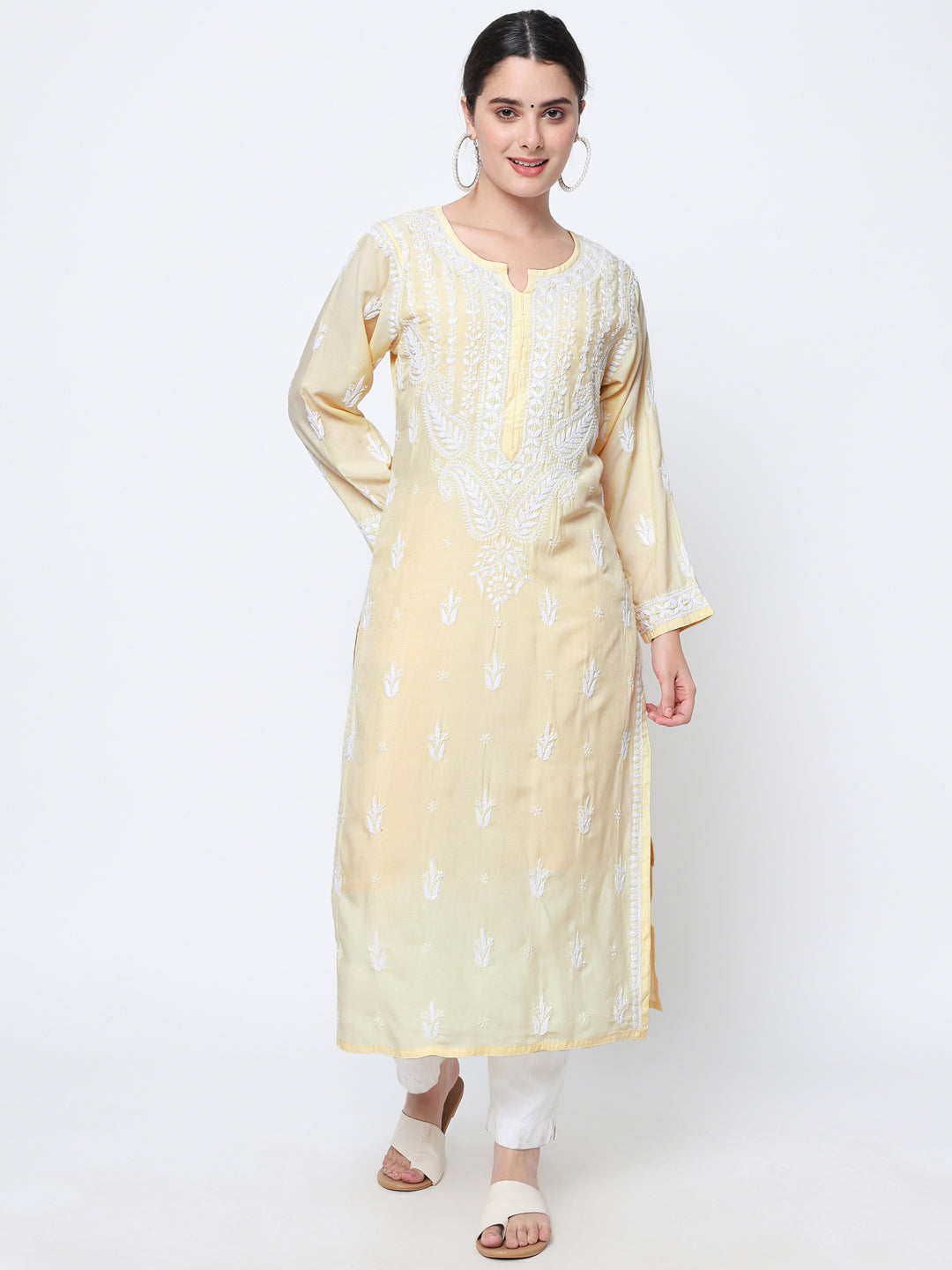 Women Hand Embroidered Chikankari Modal Kurta-AL3584 Yellow