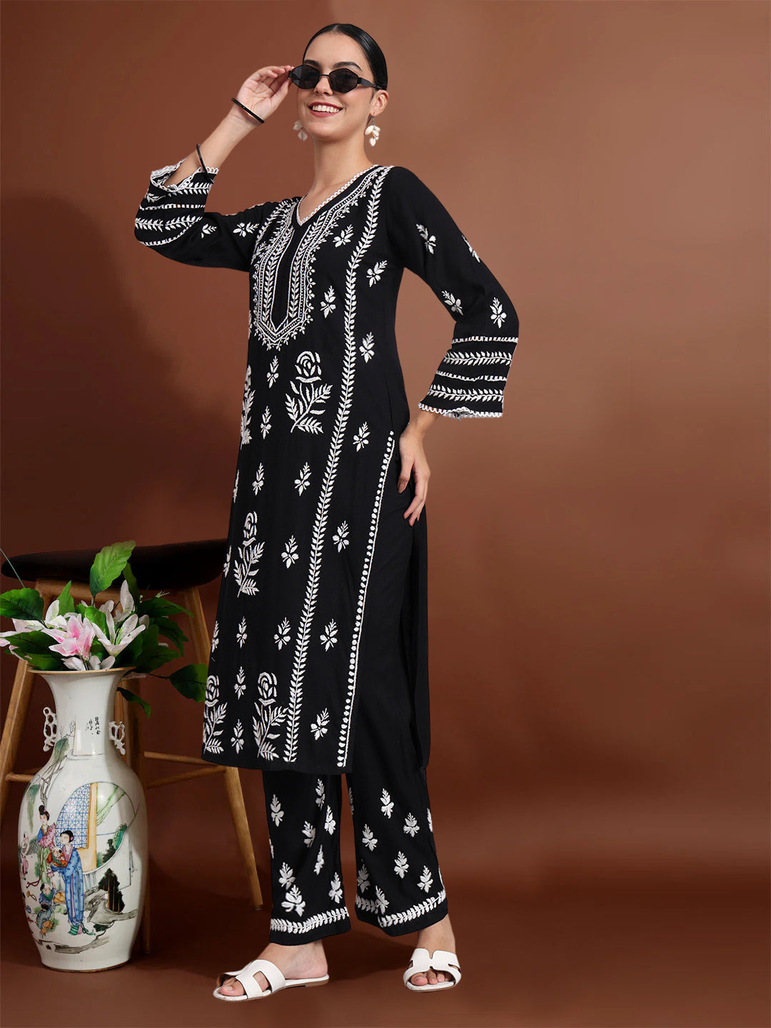 Women Hand Embroidered Lucknowi Chikankari Rayon Kurta Set-AL4078KS Black