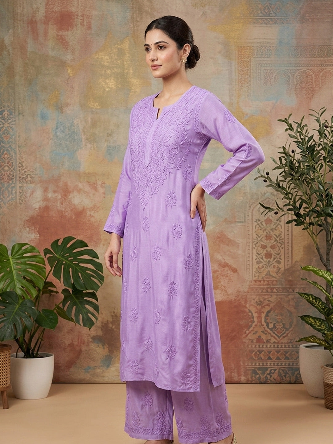 Women Hand Embroidered Chikankari Muslin Kurta Set-AL4118KS Mauve