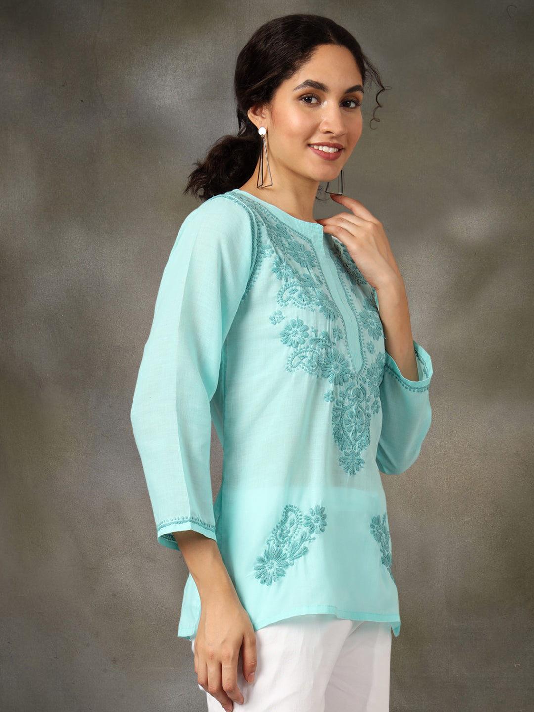 Hand Embroidered Chikankari Cotton Straight Short Kurti-AL3405 Seagreen
